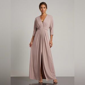 Trina Turk Taupe V-Neck Maxi Dress Gown Size 4 Pleated Front Slit Wedding Guest